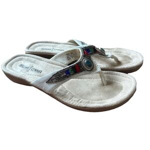 Minnetonka Sandal White Leather Turquoise Slide Sz 7 Tribal Coastal Beachy